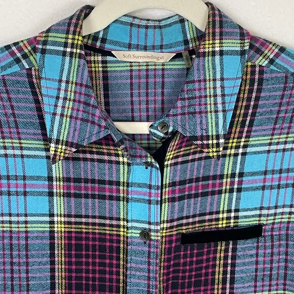 Soft Surroundings M Highlands Plaid Velvet Cuff Shirt Turquoise Pink Boho - Picture 4 of 14